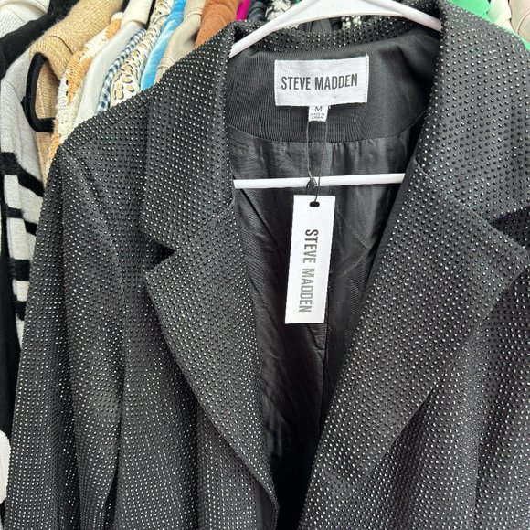 NWT STEVE MADDEN AYA BLACK RHINESTONE CRYSTAL BEADED JACKET BLAZER MEDIUM - Picture 1 of 5
